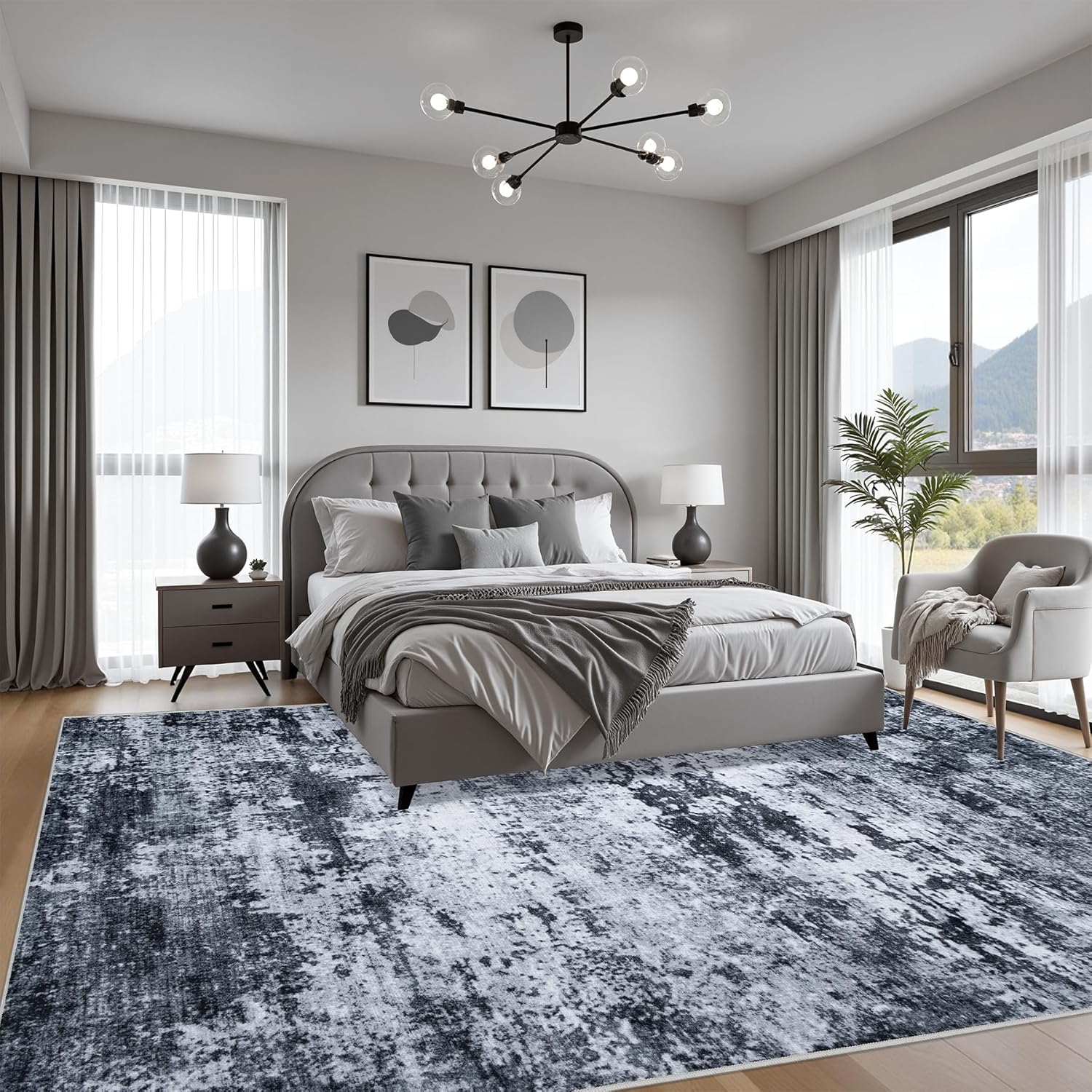 Modern Blue Grey Square Bedroom Rug | Soft Plush Area Rug with Non-Slip Backing | Thick Carpet for Bedroom, Living Room & Bedside | Multiple Sizes Available