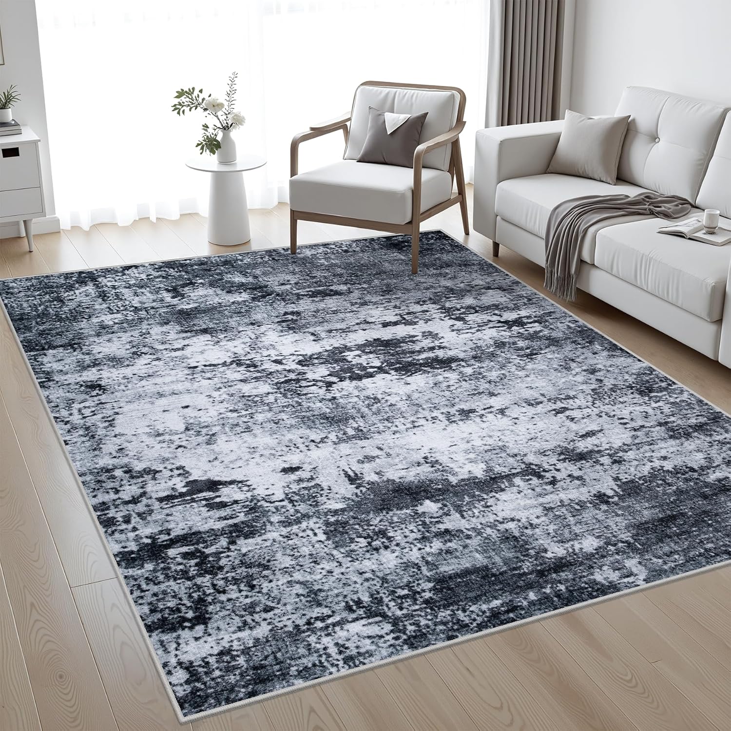 Modern Blue Grey Square Bedroom Rug | Soft Plush Area Rug with Non-Slip Backing | Thick Carpet for Bedroom, Living Room & Bedside | Multiple Sizes Available